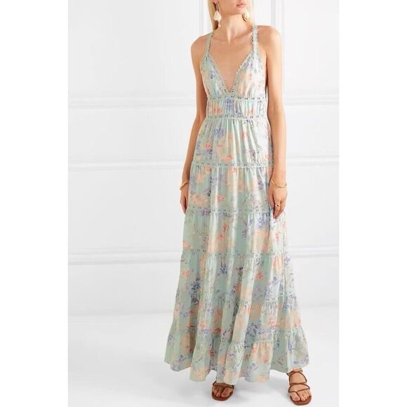 Alice + Olivia Karolina Maxi Dress Mint Floral Lace Tiered Backless Size 12 - Picture 1 of 16